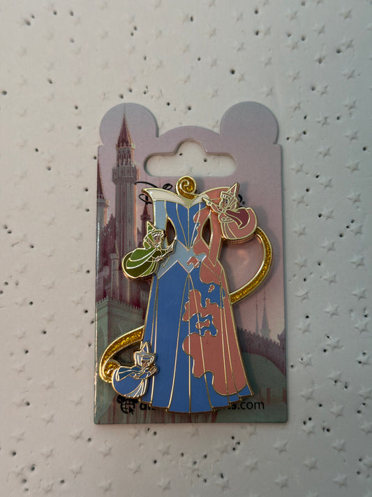 Disneyland Paris Aurora Dress Pin with Fairies Sleeping Beauty Pink Blue
